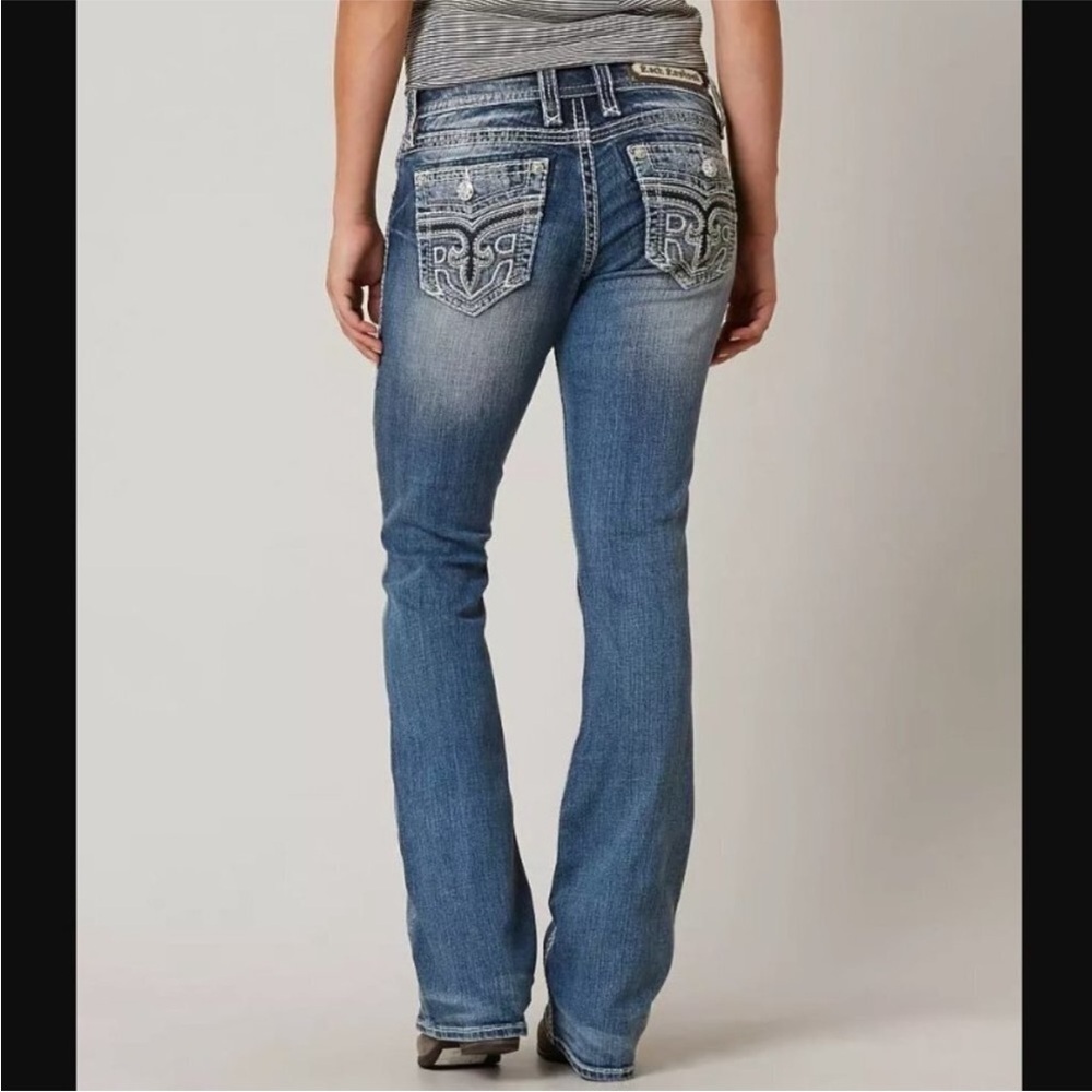 Rock Revival Anzelie Easy Boot Women Size 28 Thick Stitch Embroidered Blue Jeans